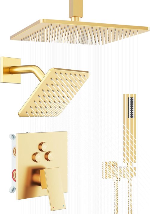 **Regine Switzerland Gold Shower Faucet Set - Brushed Gold Finish with 10'' Ceiling & 6'' Wall-Mounted Heads**