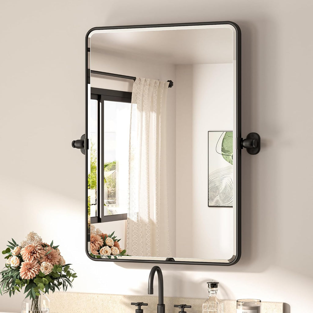 TETOTE Pivot Mirror - 20 x 30 Matte Black Rectangle Vanity Mirror | Adjustable Tilting Beveled Glass
