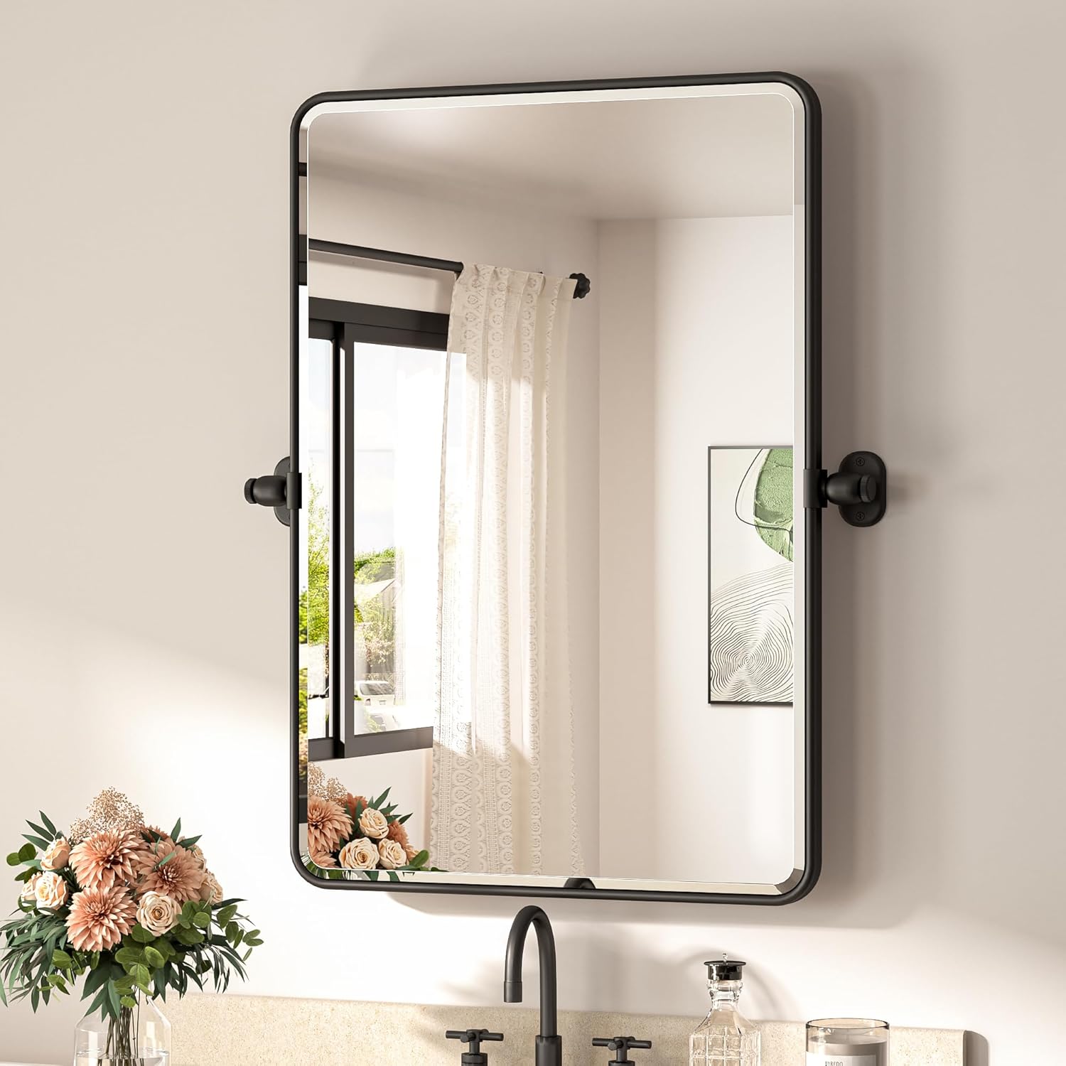 TETOTE Pivot Mirror - 20 x 30 Matte Black Rectangle Vanity Mirror | Adjustable Tilting Beveled Glass
