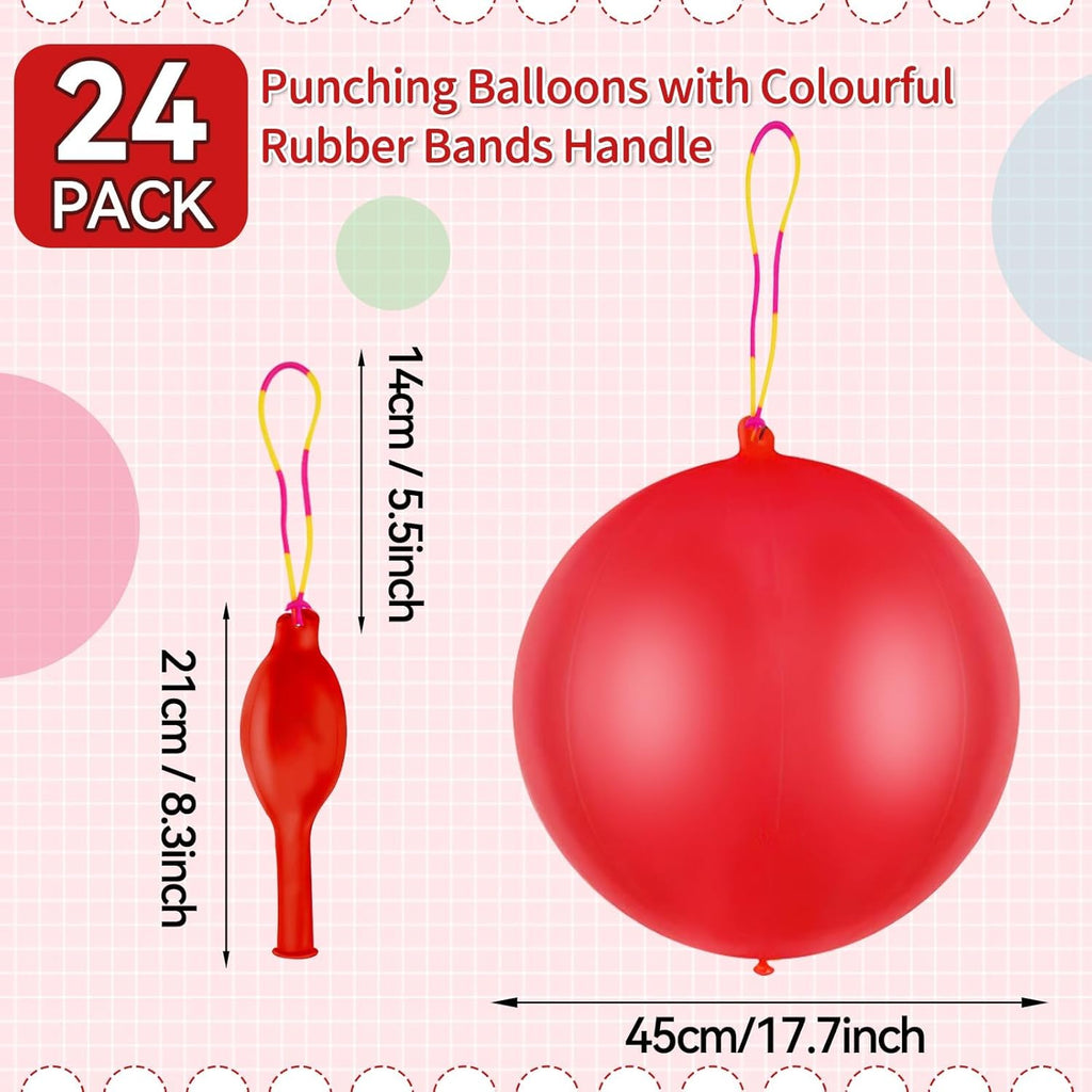 Skiennix 24 Pcs Red Punch Balloons - Heavy Duty Bounce Balloons with Rubber Band Handle for Kids' Parties