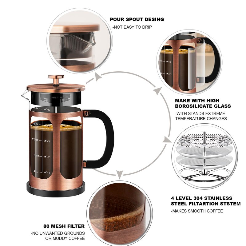 YMMIND French Press Coffee Maker (21oz 600ML 3-4Cup) Coffee Press, with 4 Filters System, Heat Resistant Thickness Borosilicate Glass, Cold Brew Coffee Tea Pot Gifts (Copper)