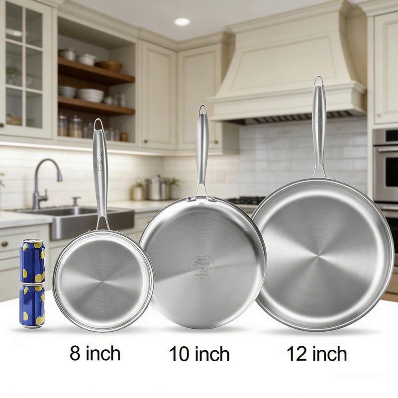YeKuKing Tri-ply Stainless Steel Frying Pan 12 Inch Large Skillet for Chef's Cooking Pan Induction Oven Dishwasher Safe, Compatible with All Cooktops Up to 600℉ with Kitchen Tongs(Detachable Handle)