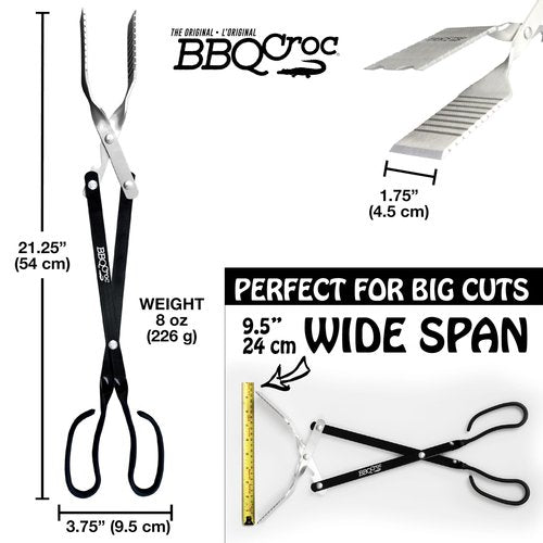 3-in-1 Barbecue Tool 21-inch by BBQ Croc - Extra Light and Xtra Long Tongs, Spatula and Grill Scraper (Black)