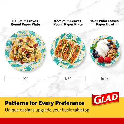 Glad Round Disposable Paper Plates, Palm Leaves Pattern - Strong, Sturdy, Soak Proof, and Microwavable Decorative Plates for Dinner and Everyday Use, 10 Inch, 50 Count - 2 Pack