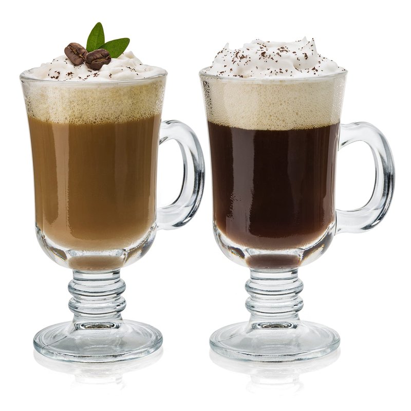 Volarium Irish Coffee Glass Mugs, Latte Cups, Set of 2 Cappuccino and Hot Chocolate Mugs with Handle, Clear Glass Cups for Hot Beverages, 7 3/4 oz