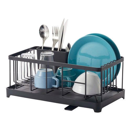 YAMAZAKI Home Tower Wire Dish Drainer Rack with Removable Drainer Tray with Drainage Spout, Utensils Holder - Steel -