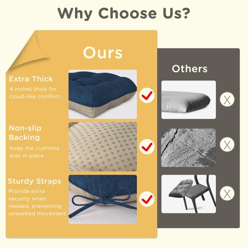 MineCozy Indoor Kitchen Chair Cushions Set of 4 Non Slip Tufted Chair Pads with Ties Thick Dining Room Seat Cushions 16'' x 16'' x 4'' Navy