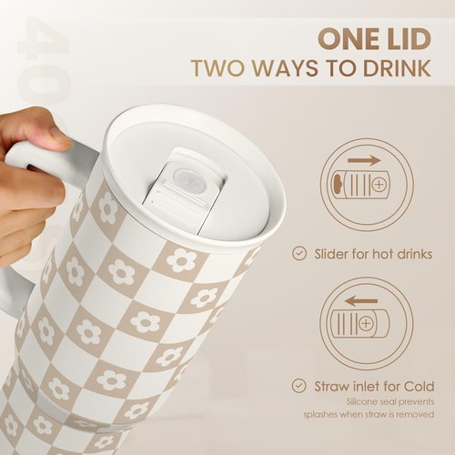 SANDJEST Checker Tumbler with Handle and Straw 40oz – Stainless Sleel Slider Tumbler Travel Coffee Mug for Women - Gift Idea for Birthday Christmas