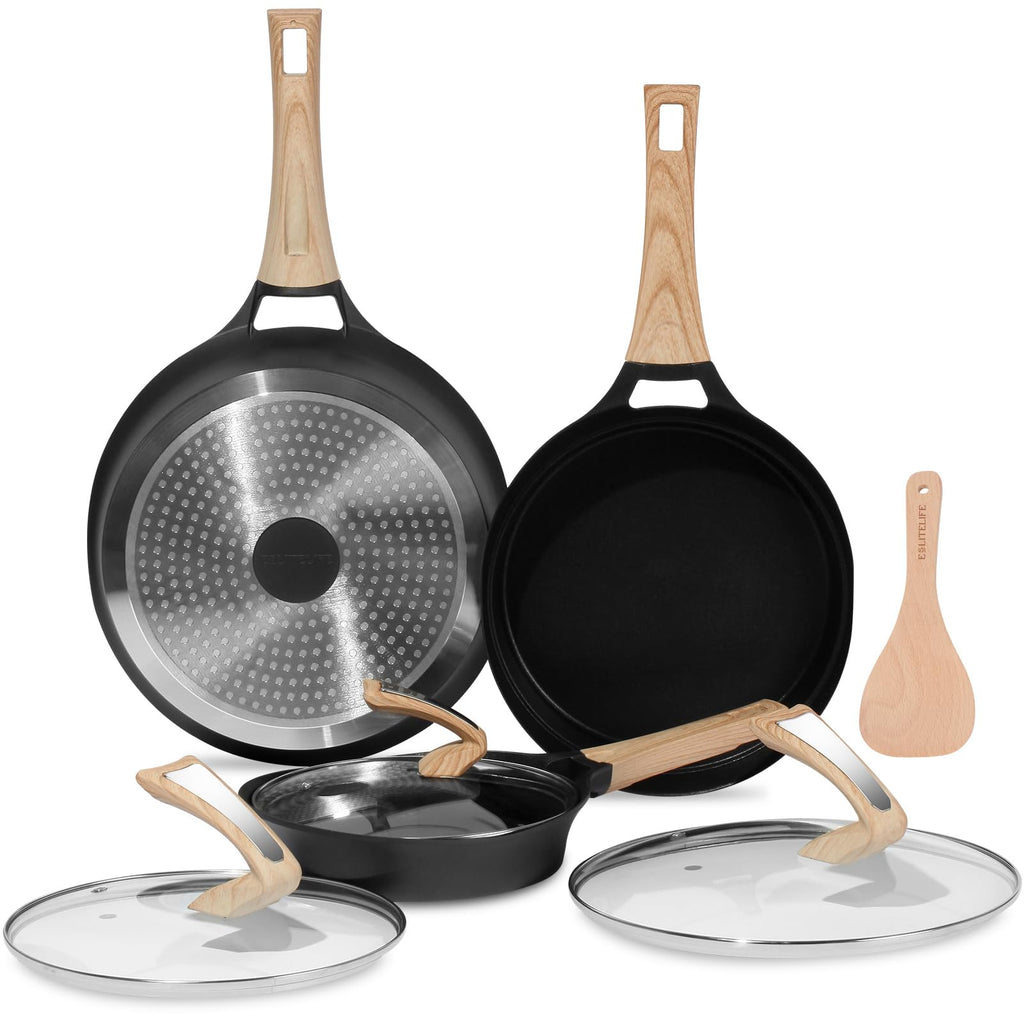 ESLITE LIFE Nonstick Deep Frying Pan Skillet Set with Lids, Healthy Granite Coating Egg Omelette Pan Stone Cookware Chef's Pan, PFOA Free(Black, 7-Piece)