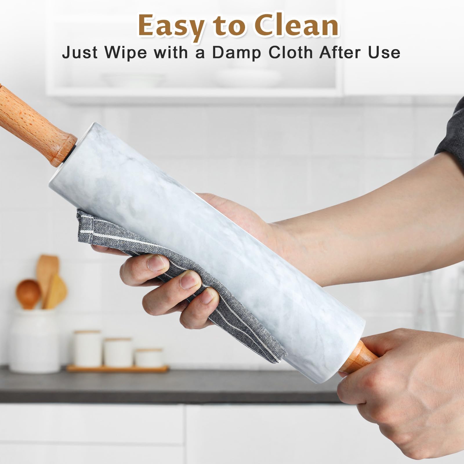 Gymdin Marble Rolling Pin - 18.9" Marble Rolling Pins for Baking, Pastry, Pizza Dough & More - Polished Non-Stick Surface, Long Dough Roller with Wooden Handles & Base