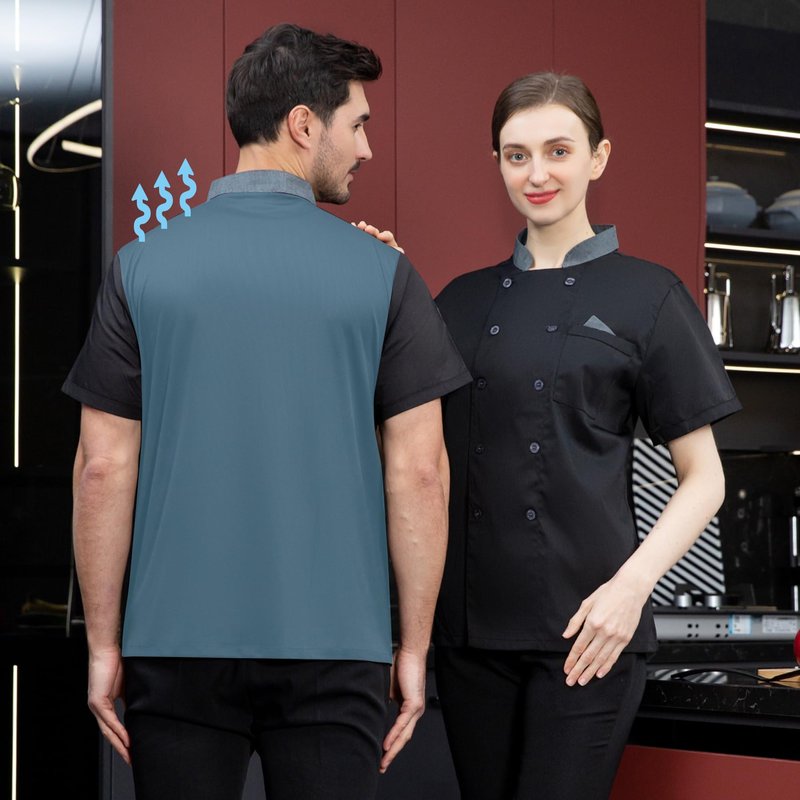 Unisex Double-breasted Chef Coat Back Full Mesh Lightweight Chef Jacket Color Stitching Chef Uniform
