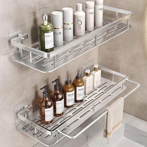 EVALAND Shower Caddy - Adhesive 2-Pack with Hooks & Rod for Towels | Premium Rustproof Bathroom Organizer in Silver