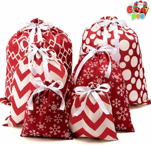 JOYIN Fabric Gift Bags - Elegant Red Design | 6-Piece Set in 3 Sizes for Holiday Present Giving