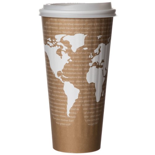 ECO PRODUCTS Compostable Disposable Insulated World Art 20oz Large Coffee Cups, Pack of 40, Renewable Double-wall Hot Paper Cup, Plant Based PLA Lining, No Sleeves Needed, Lid Available, Color Coded