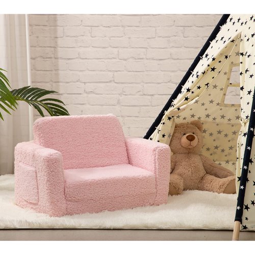 ALIMORDEN 2-in-1 Flip Out Cuddly Sherpa Toddler Couch Convertible Sofa to Lounger, Pink