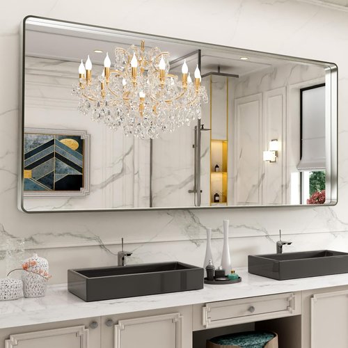 LOAAO Brushed Nickel Bathroom Mirror - 72x32 Inch Rounded Rectangle Design, Anti-Rust & Shatterproof