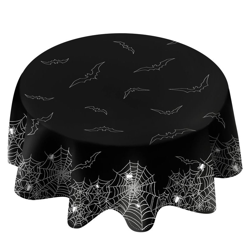 QIALETS Halloween Tablecloth Round 70 inch Black Spider Web Hollow Bat Cobweb Table Covers for Outdoor Indoor Party Decorations
