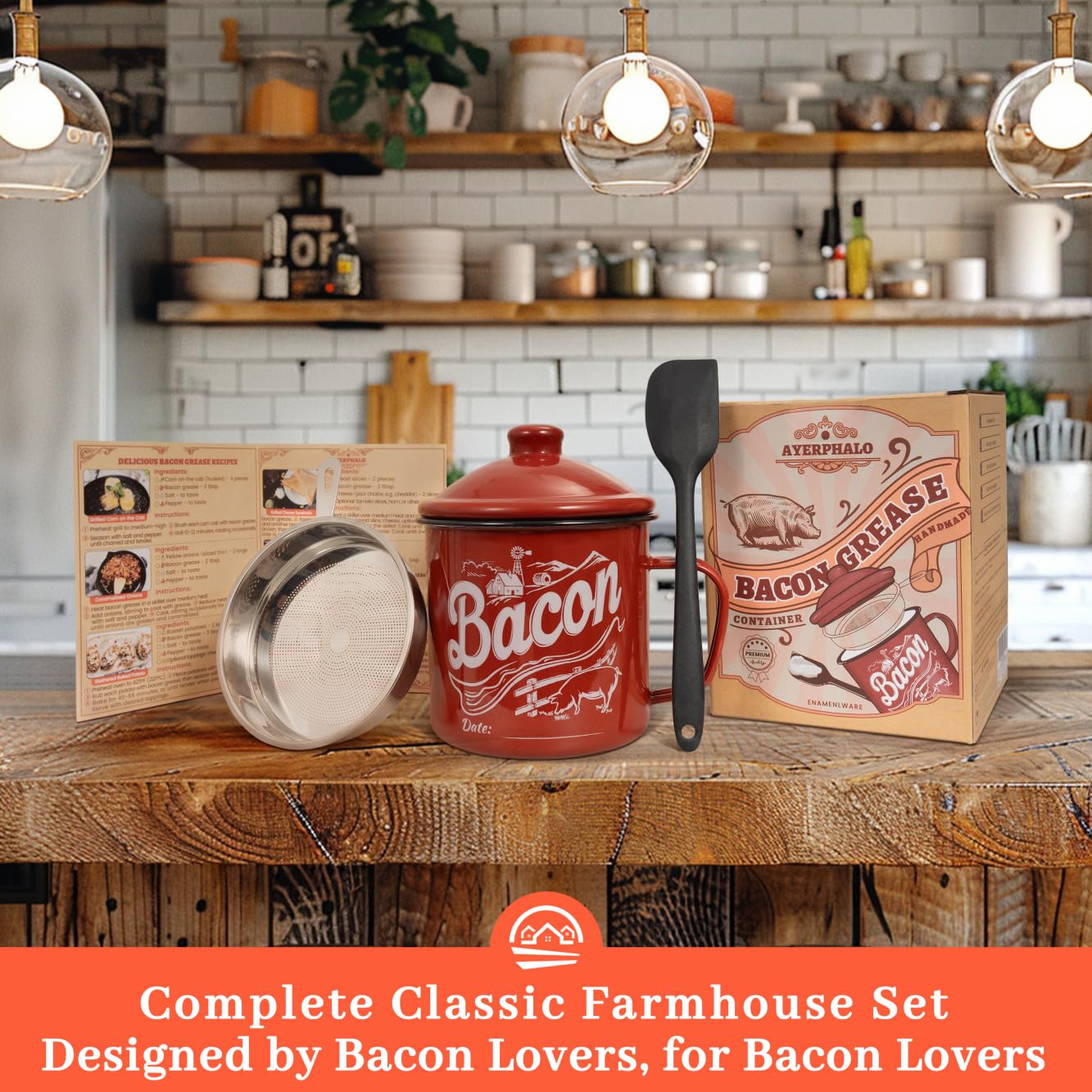Ayerphalo Bacon Grease Container with Strainer - With Food-Grade Silicone Spatula, 46oz Large Enamel Rustic Farmhouse Fat Container, Keeper, Recipes, Dishwasher Safe