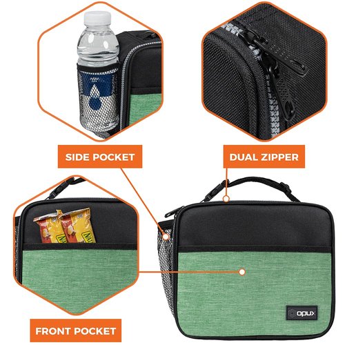 opux Insulated Lunch Bag Kids, Lunch Box for School Boy Girl, Leakproof Small Reusable Compact Soft Mini Cooler Bag, Toddler Small Lunch Boxes Kit Pail with Front Side Pockets (Green)