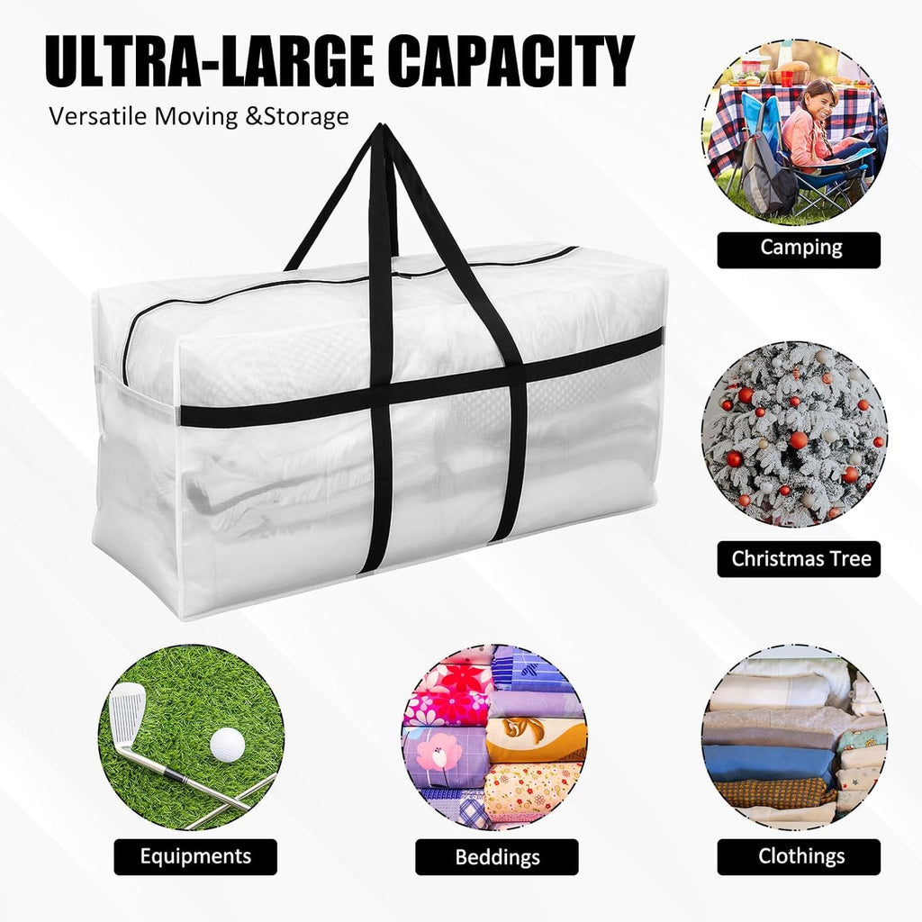 Skiennix 66 Gallon Extra Large Heavy-Duty Moving Bags - Foldable Jumbo Storage Tote with Strong Zipper Handle (Clear)
