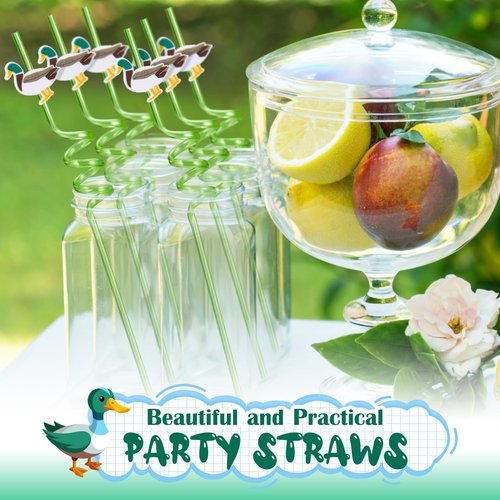 Maxdot 24 Pcs Mallard Duck Drinking Straws with Reusable Plastic Silly Straws for Themed Birthday Supplies Cute Duck Hunting Party Favors