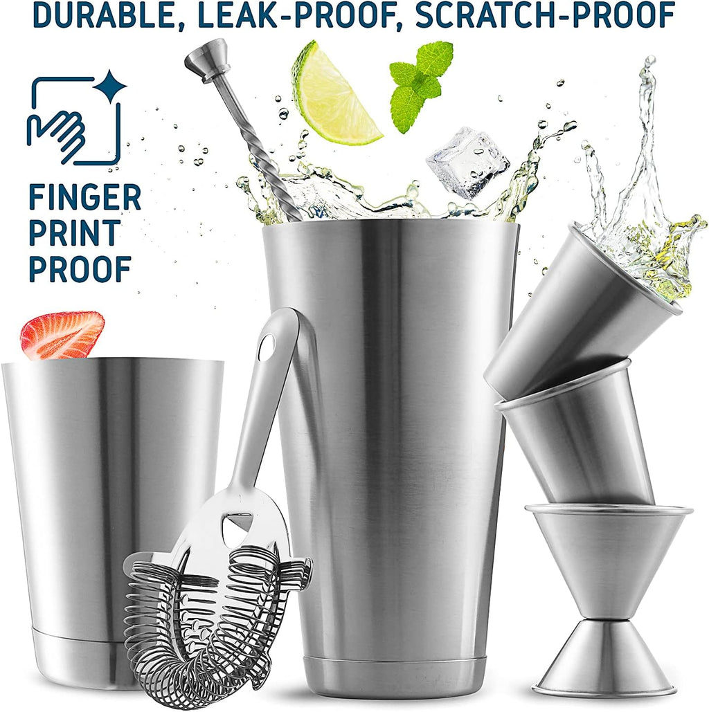 Skiennix Cocktail Shaker Set - 16-Piece Stainless Steel Mixology Kit with Bar Tools & Recipe Book | Silver