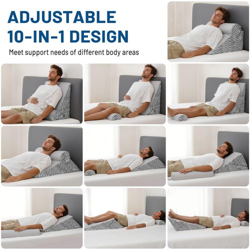 Lewondr Wedge Pillow for After Surgery, Adjustable Bed Wedge Pillow for Headboard Set with Side Pockets Fastener for Sleeping, Snoring, Back Pain & Acid Reflux Relief