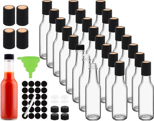 Ahhute Sauce Bottles, 5oz Small Olive Oil Bottles with Shrink Capsules, Mini Vanilla Wine Bottle for Wedding Favors Gifts, Glass Hot Sauce Bottles w/Black Caps and Silicone Funnel, Set of 24