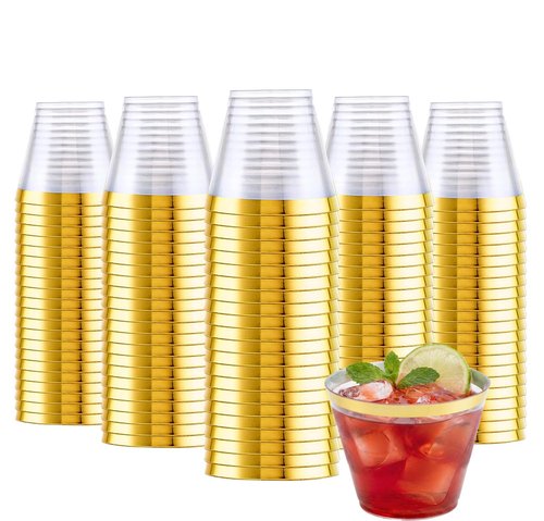 Ciaell 200PCS Gold Plastic Cups - 9Oz Heavy Duty Disposable Clear Plastic Cups with Gold Rim for Wine, Cocktail, Party & Wedding