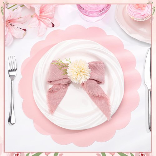 120 Pcs Light Pink Paper Placemats, 13.5 Inch Disposable Scalloped Placemat Round Table Place Mats Decorative Paper for Mother's Day Birthday Wedding Bridal Shower Baby Shower Banquet Tea Party