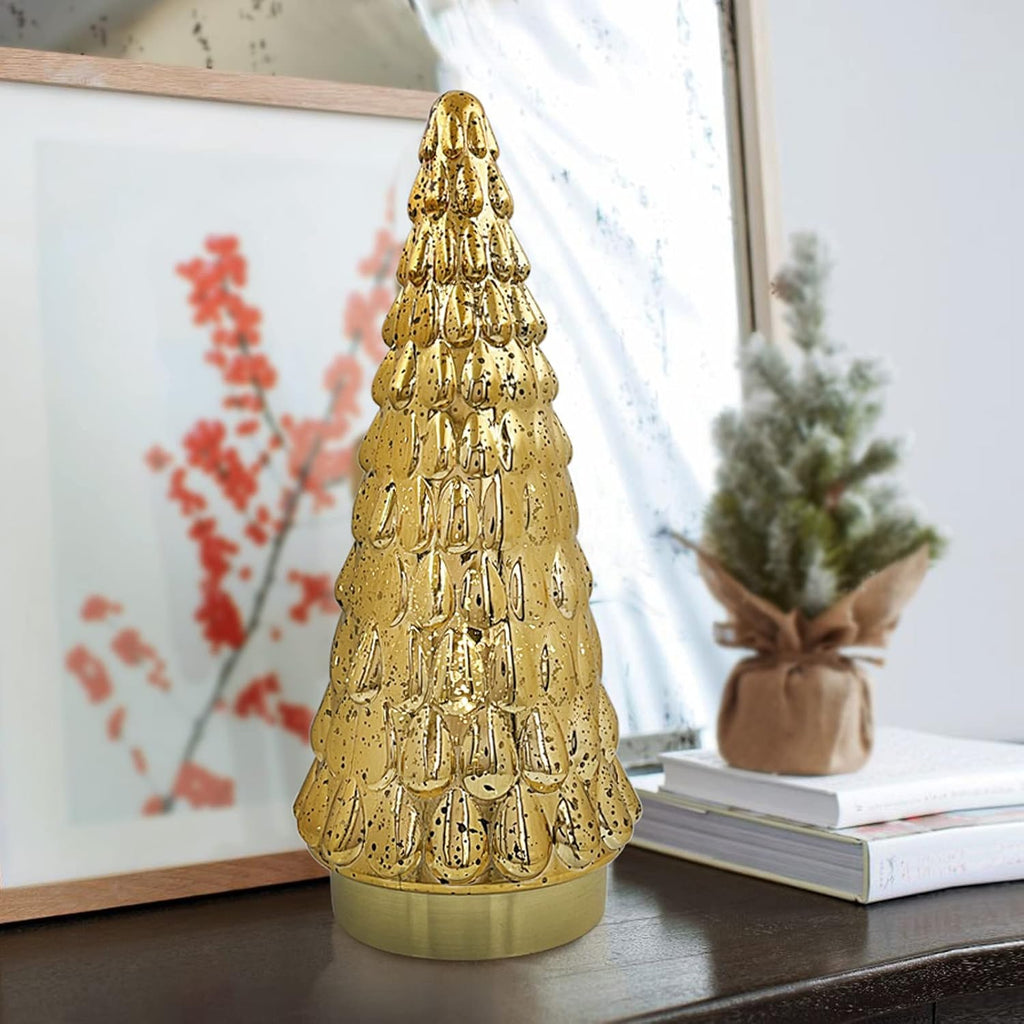 SHMILMH Gold Mercury Glass Christmas Tree Set - Battery Operated Tabletop Xmas Trees | 10" Decor