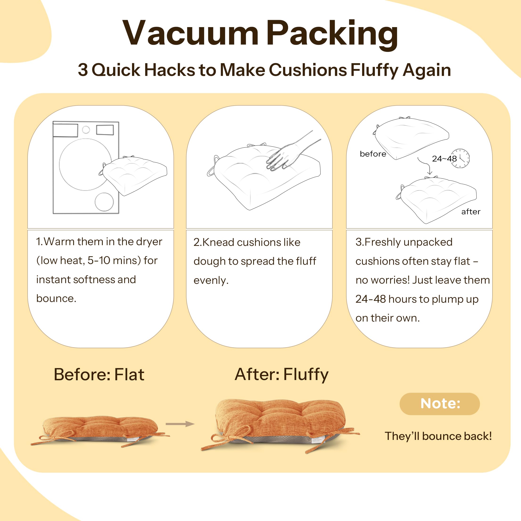 FlyGulls Non Slip Chair Cushions for Dining Chairs Set of 4 Kitchen Chair Cushions 18"x18"x3" Turfted Chair Pads Comfortable and Soft Seat Cushion with Ties, Orange