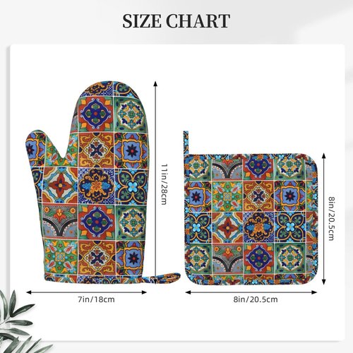 Silicone Oven Mitts and Pot Holders Sets, Home Talavera Mexican Tiles Heat Resistant BBQ Gloves for Kitchen Baking Cooking Grilling Microwave