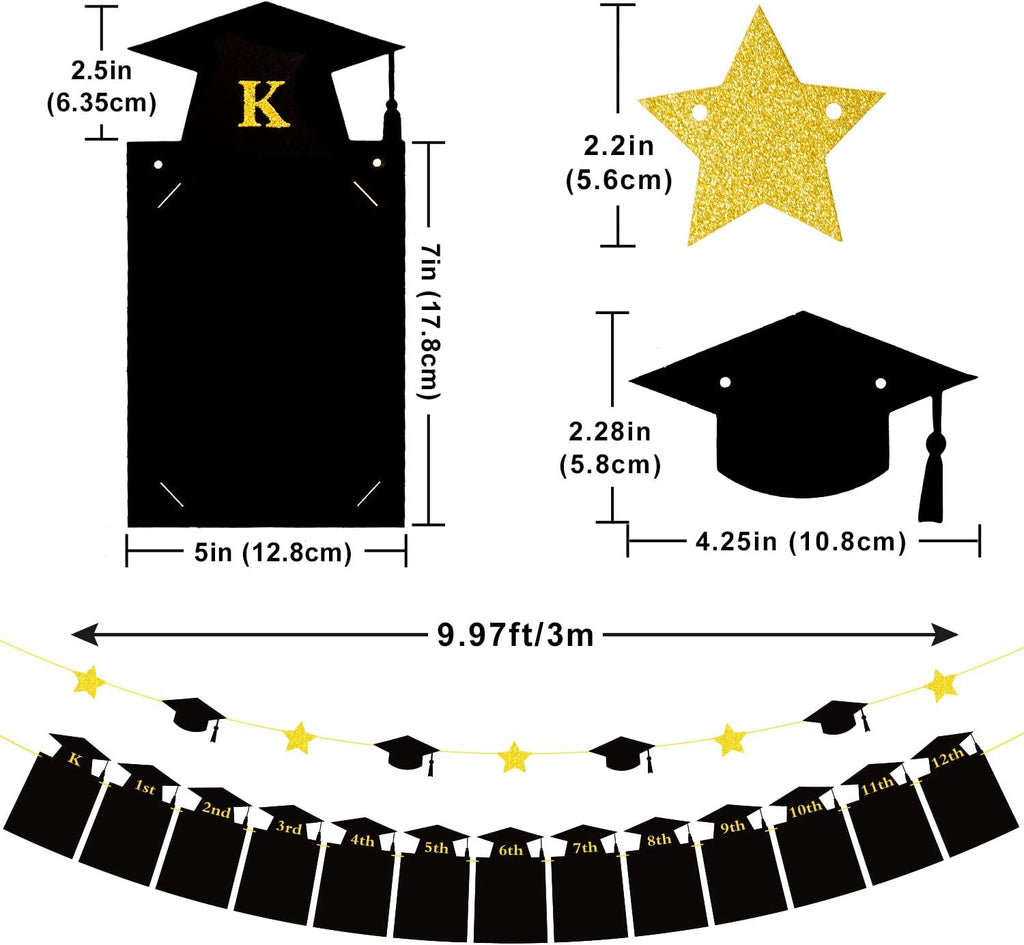 Whaline Graduation Photo Banner - No DIY Required | Black Gold Glitter Bunting for K-12 Decor, 5 x 7 Inch