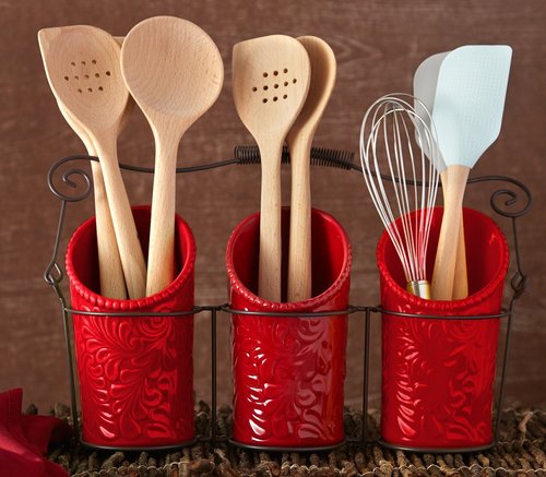 ienjoyware Kitchen Flatware Caddy - 3 Ceramic Utensil Holders (4" Dia x 7" H each) & 1 Wire Caddy - Red