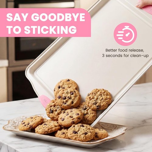 Kikcoin Nonstick Baking Pans Set - 22 PCS Stackable Bakeware with Silicone Handles | Oven Safe to 450°F, Pink