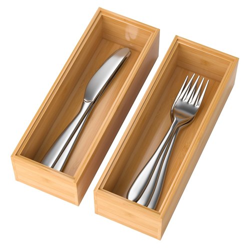 Lixple Bamboo Drawer Organizer – Set of 2 Stackable Storage Boxes, Silverware Tray & Small Gadget Holder for Kitchen Drawers, 9" x 3" x 2" (Outer), 8.3" x 2.3" x 1.77" (Inner)