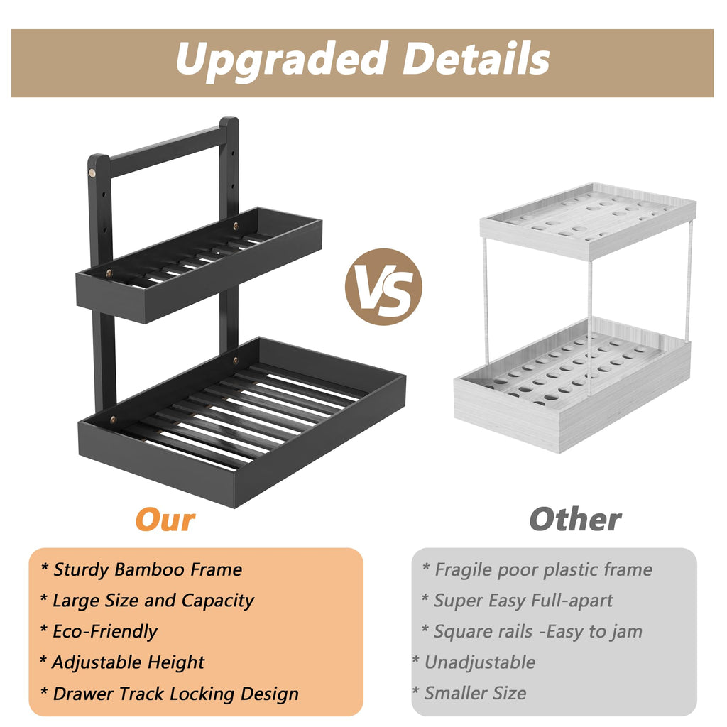 Bamboo Under Sink Organizer and Storage, 2 Tier Pull Out Cabinet Organizer, Slide Out Under Sink Storage Shelf, Undersink Organizers Shelves for Kitchen Bathroom Organization (Black, 2 Packs)