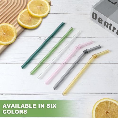 FBAJOJO, coloured glass straws, 8 inch long, 8 mm diameter, 12 wear resistant heat resistant straws, with 4 straw cleaning brushes, 6 straight, 6 curved design