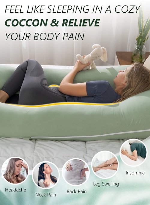 Meiz U-Shaped Pregnancy Pillow - Cooling Maternity Body Pillow in Sage Green | 55 Inch Rayon Bamboo Cover