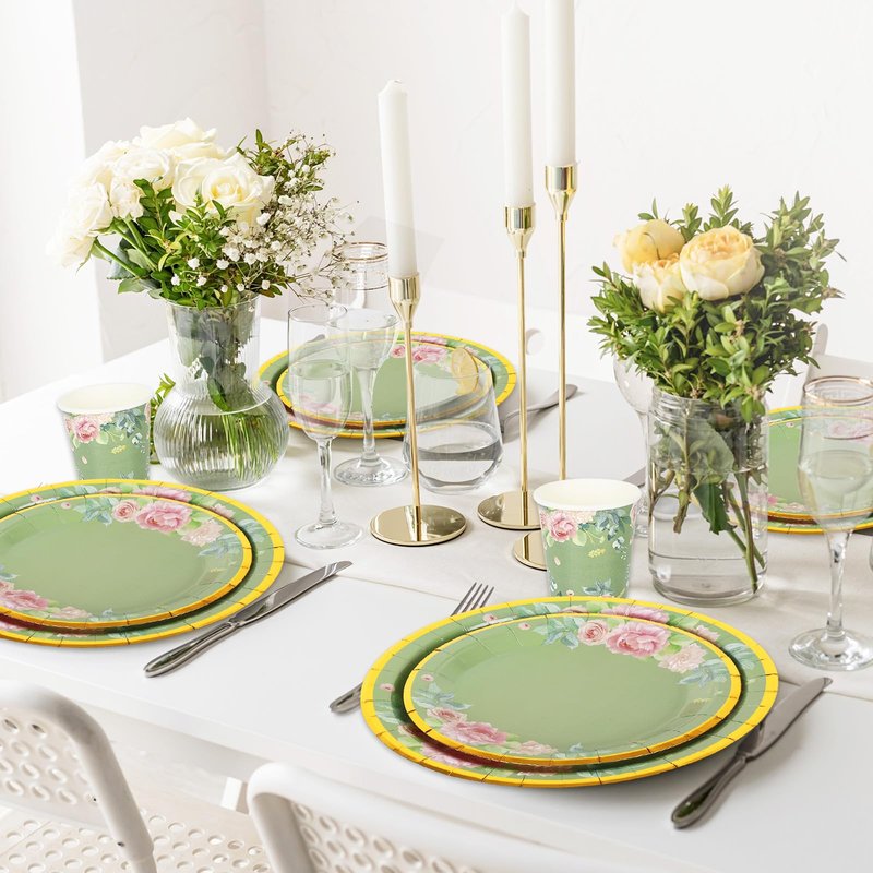 Whaline 120 Pcs Sage Green Flower Tea Party Decorations for 24 Guests 24 9" Dinner Plates 24 7" Dessert Plate 24 9oz Cups 48 Luncheon Napkins for Spring Bridal Shower Wedding Party Supplies