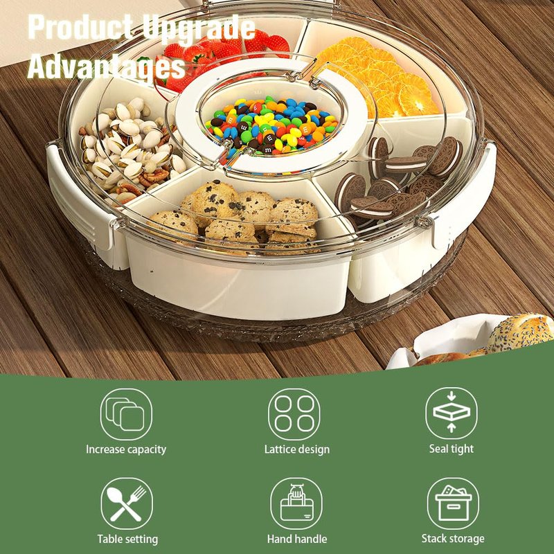 JIEZRIN Divided Serving Tray with Lid and Handle, Portable Snackle Box for Veggie, Fruit Snacks Organizer, Clear Snack Spinner Container for Outdoor, Kitchen, Party, Travel