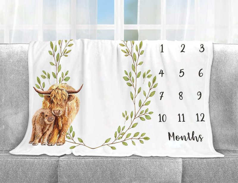 Yuzioey Highland Cow Milestone Blanket, Monthly Growth Chart, Watch Me Grow Nursery for New Moms Baby Shower (50"x40")