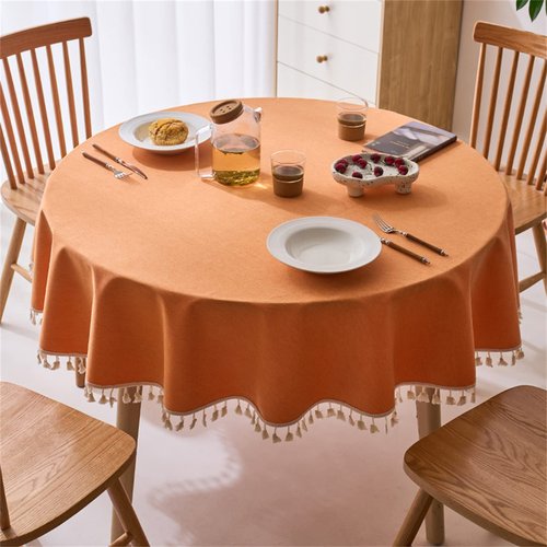 Dimatic Linen Textured Round Tablecloth with Tassel - Waterproof Spill Proof Table Cover for Kitchen Dining Tabletop Decoration, Orange, Round - 78 inch