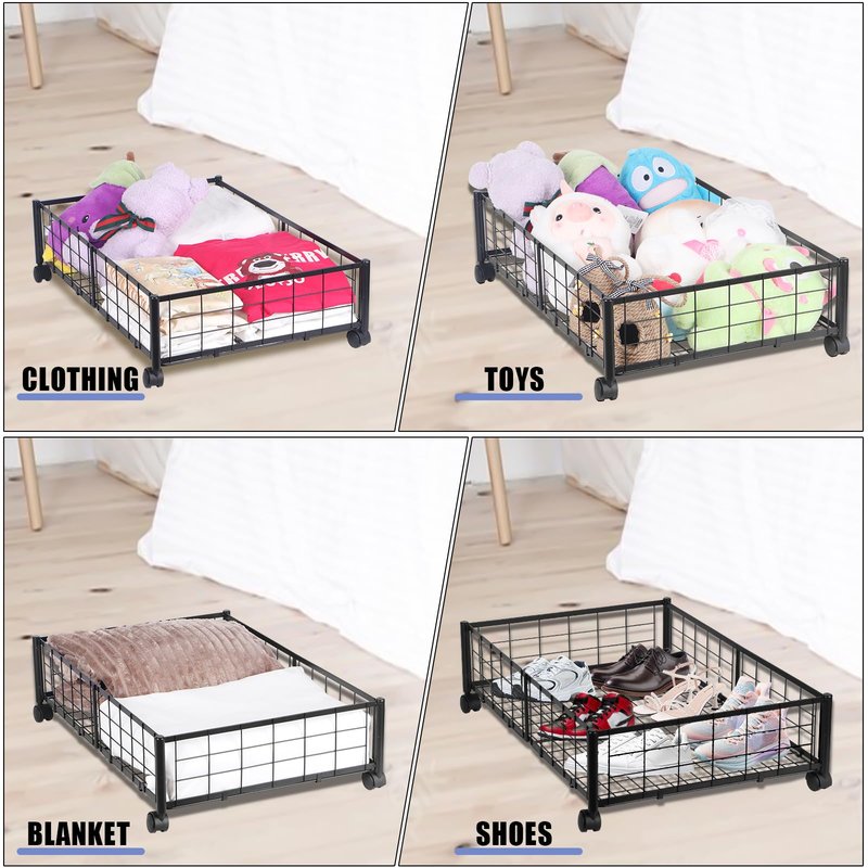 Kmise Underbed Storage With Wheels,Metal Under Bed Storage Containers For Bedroom Clothes Blankets Toy Book Bedding Shoes Storage Organizer (4 Pcs, Black)