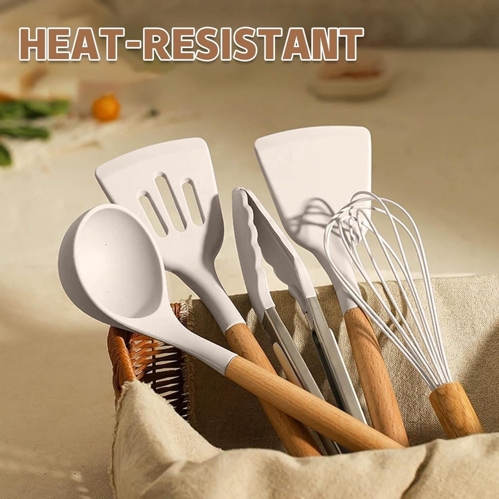 Umite Chef 33-Piece Non-Stick Silicone Cooking Utensils Set - Wooden Handle & Holder Included | Khaki