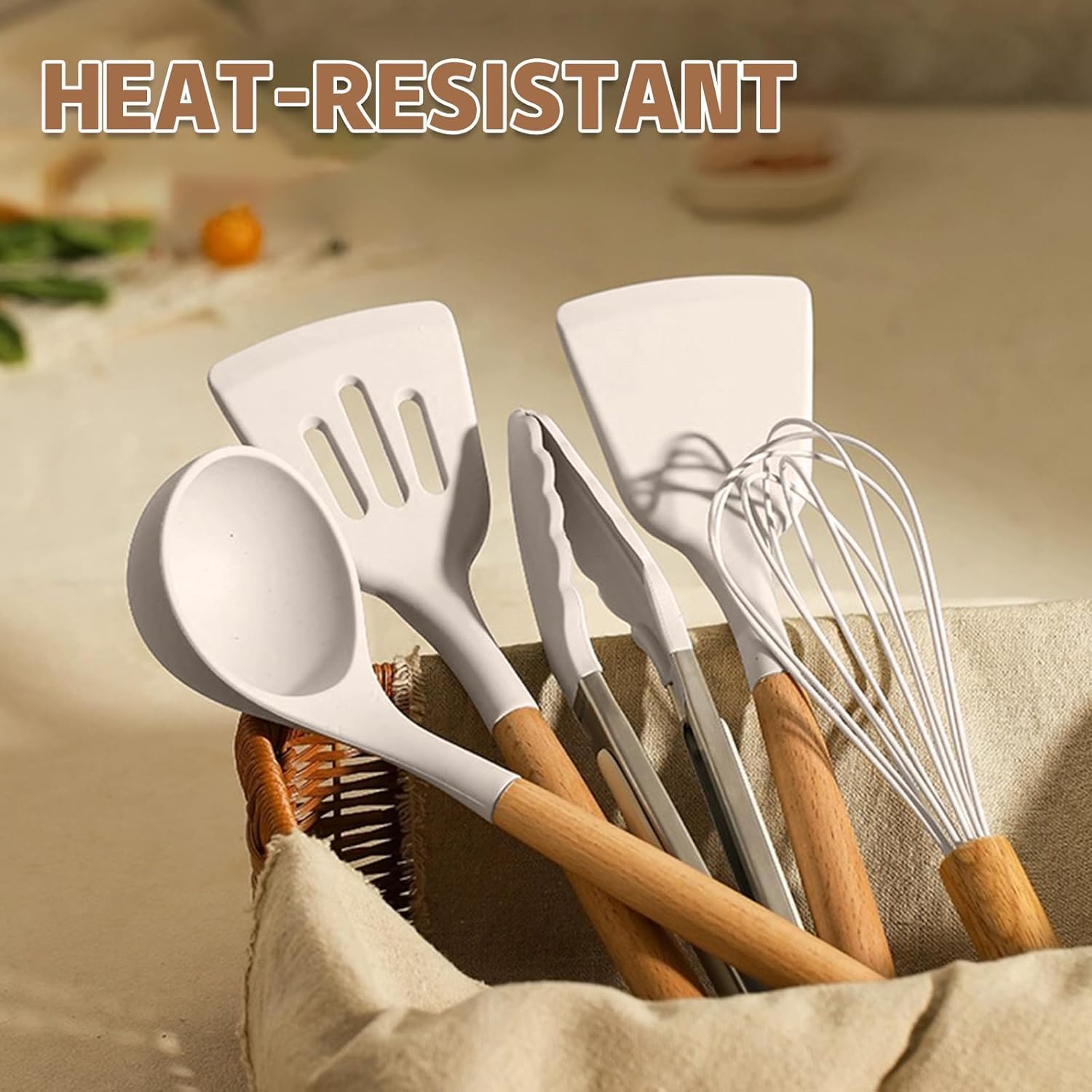 Umite Chef 33-Piece Non-Stick Silicone Cooking Utensils Set - Wooden Handle & Holder Included | Khaki