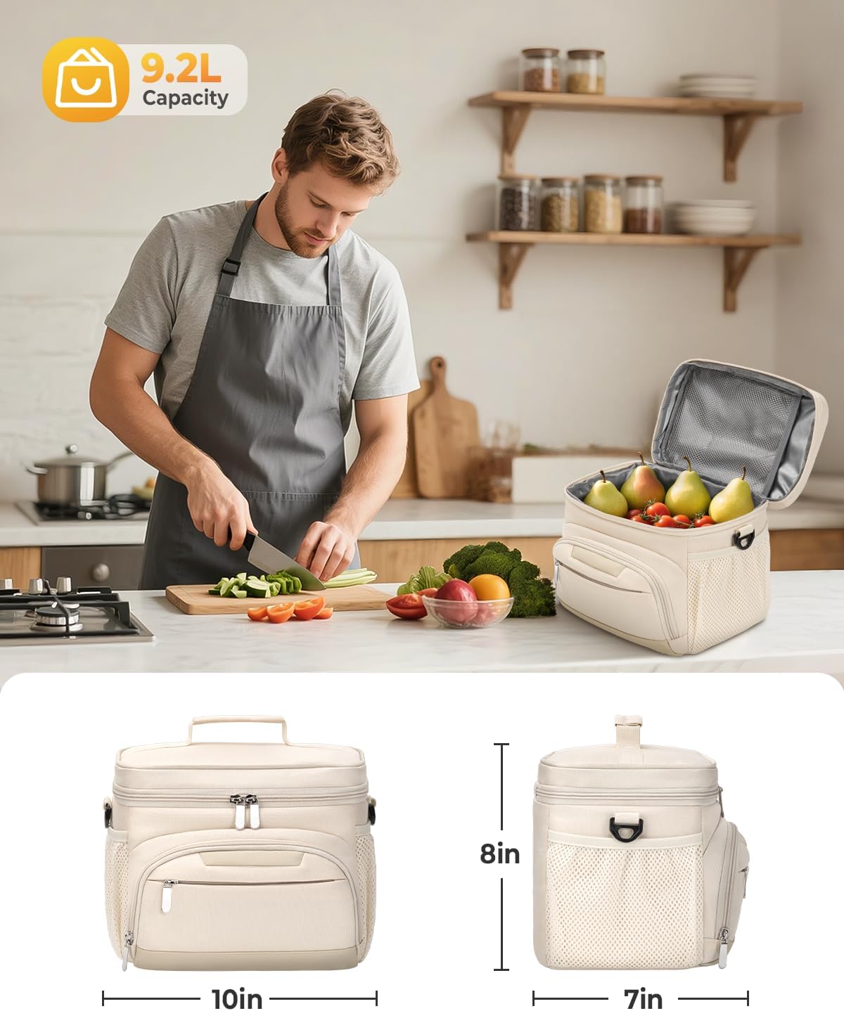 Skiennix Insulated Lunch Box - Leakproof Soft Cooler Tote Bag with Adjustable Strap | Beige, 12-Can (8L)