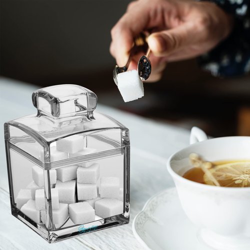 Beautyflier Sugar Bowl with Lid and Spoon and Rack, 2PCS Clear Acrylic Sugar Container for Coffee Bar Accessories, Tea, Kitchen Baking Countertop Canisters, 10/17oz Container Jar Dispenser Holder
