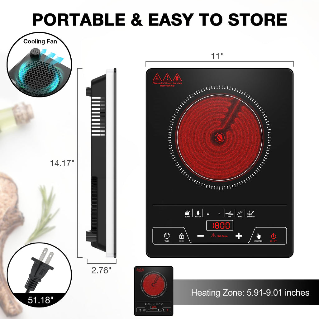 VBGK Single Burner Electric Cooktop,1800W Electric Stove Top Portable Cooktop LED Touch Control,8 Power Levels, Kids Lock